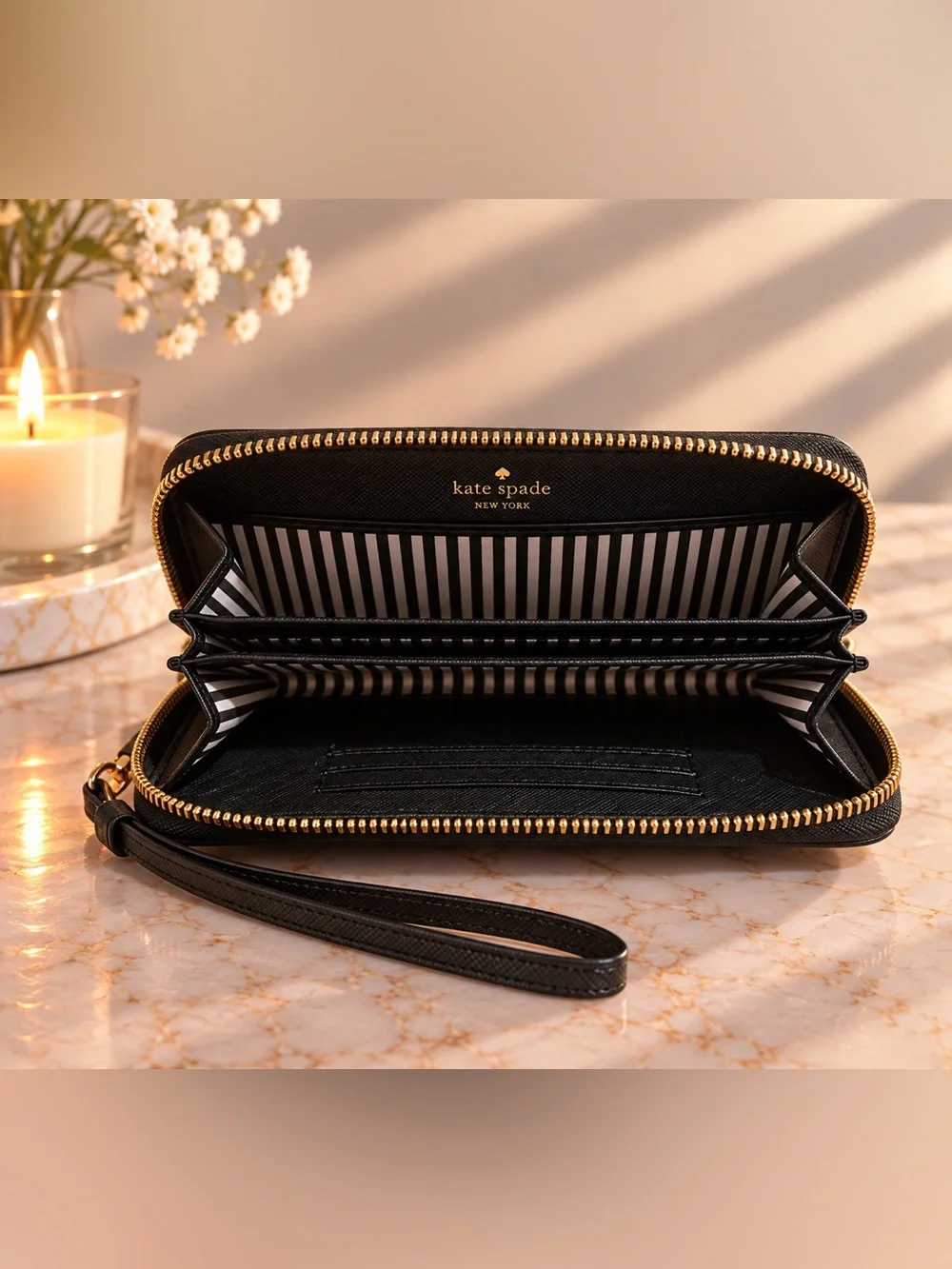 Kate Spade Black Saffiano Zip Wristlet with Gold Logo